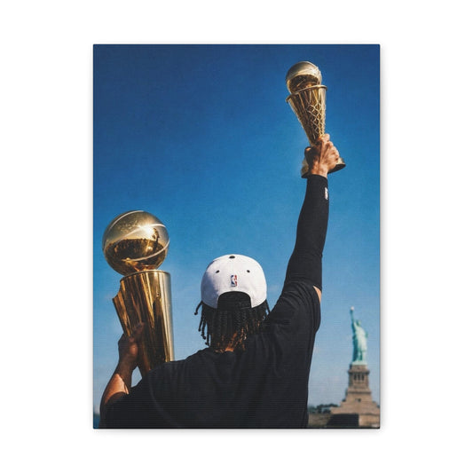 Jalen Brunson - New York Knicks Basketball Championship Player Holding Trophies with Statue of Liberty Print Classic Canvas
