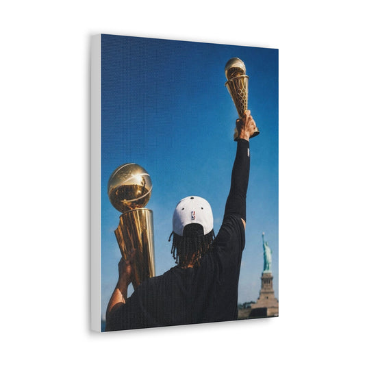 Jalen Brunson - New York Knicks Basketball Championship Player Holding Trophies with Statue of Liberty Print Classic Canvas
