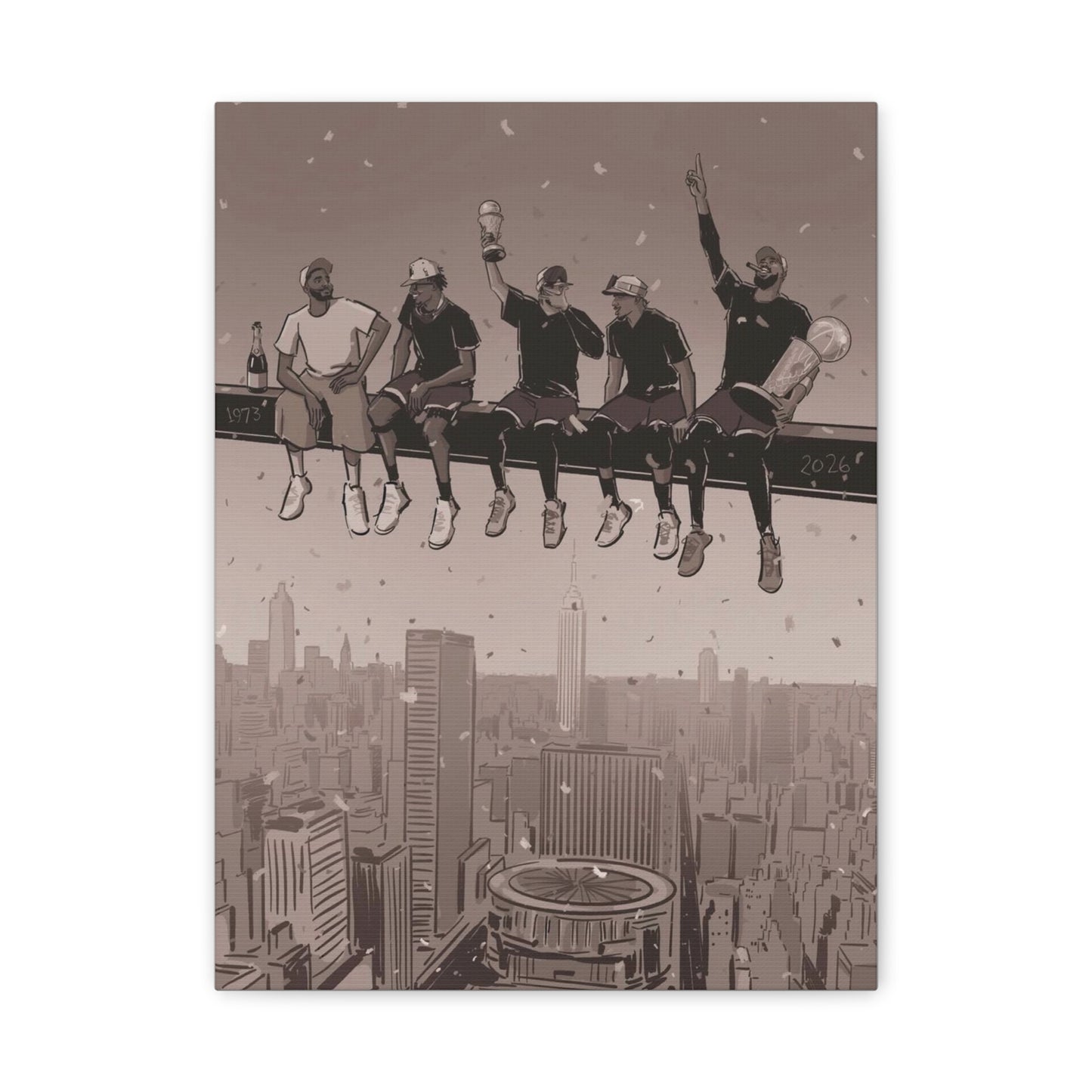 New York Knicks Basketball Championship Urban Rooftop Workers Vintage-Style Canvas Print